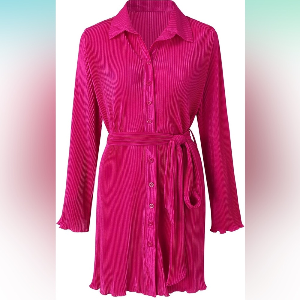 Women Dress Long Sleeve Button Down Belted Tunic Soild Pleated Mini Shirt Dress